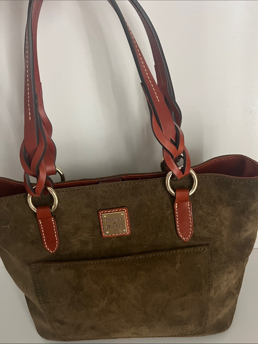 Dooney & Bourke Brown Suede Tote with Red-Brown Trim and Braided Handles